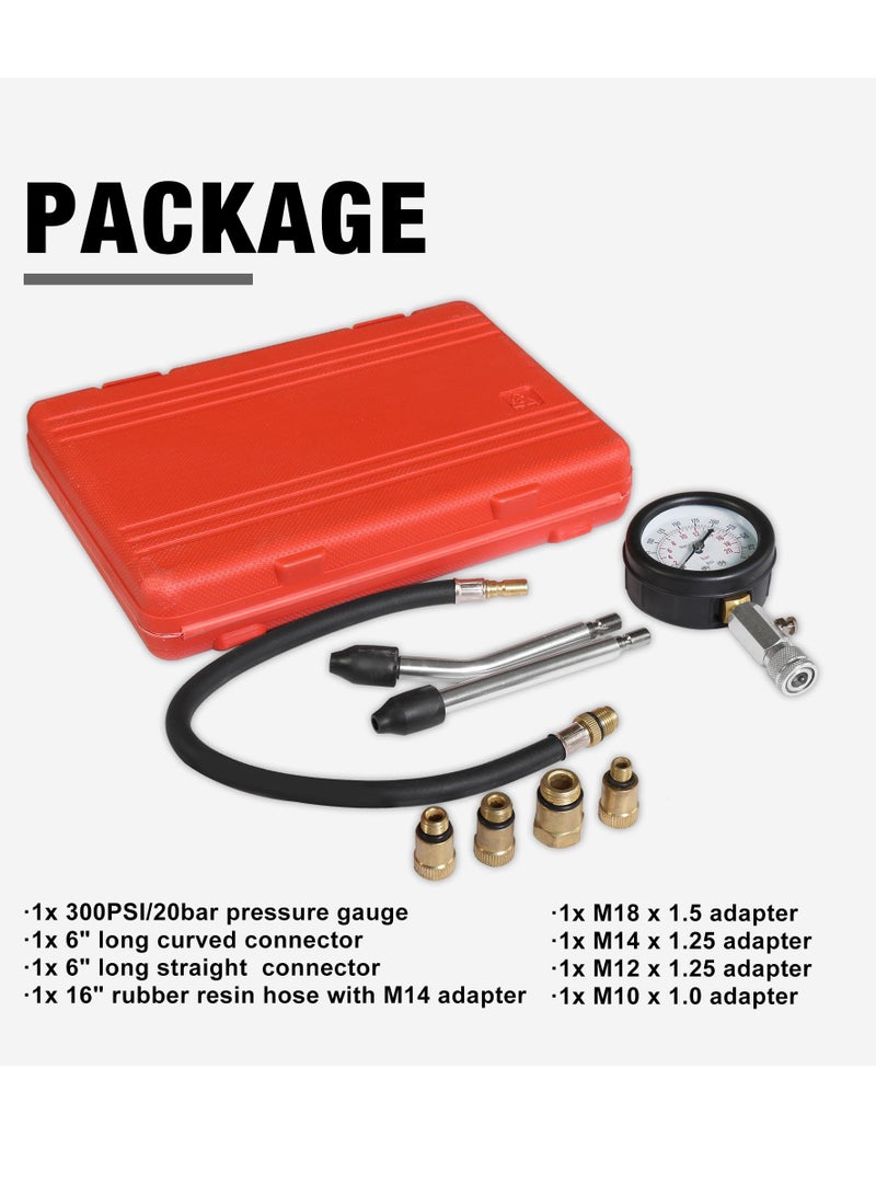 Compression Tester 8pcs Engine Cylinder Pressure Gauge Test Kit with Portable Storage Case, Range of 0-300 Psi, Fits for Universal Automotive Cars and Motorcycles
