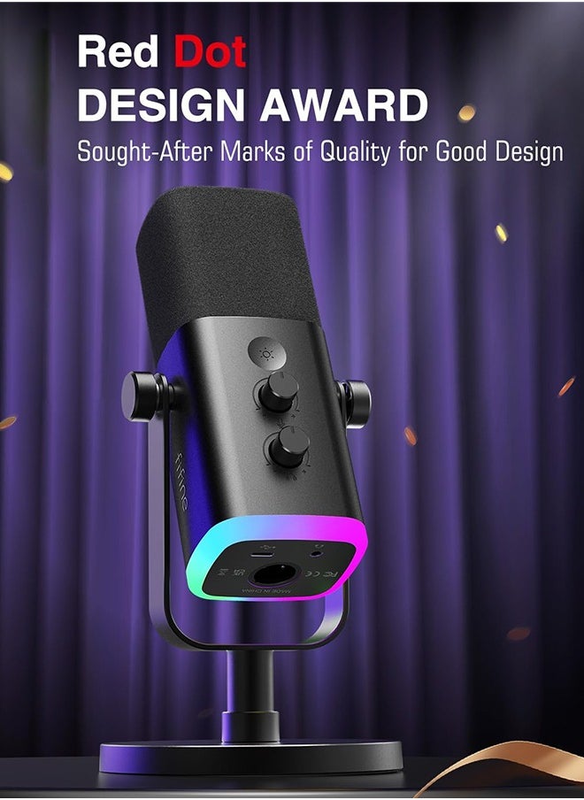 FIFINE XLR/USB Dynamic Microphone for Podcast Recording, PC Computer Gaming Streaming Mic with RGB Light, Mute Button, Headphones Jack, Desktop Stand, Vocal Mic for Singing YouTube-AmpliGame AM8