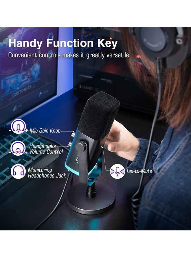 FIFINE XLR/USB Dynamic Microphone for Podcast Recording, PC Computer Gaming Streaming Mic with RGB Light, Mute Button, Headphones Jack, Desktop Stand, Vocal Mic for Singing YouTube-AmpliGame AM8