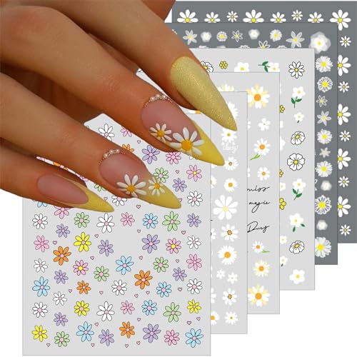 winthrop 6 Sheets Daisy Nail Art Stickers Charming Flower Chrysanthemum 3D Trendy Design SelfAdhesive Spring Nail Art Decals DIY Manicure Decoration Supplies Accessories for Women Girls - Image 1