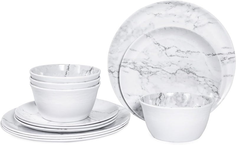 Gofunfun 12Piece Melamine Dinnerware Sets Modern White Round Dish Set for 4  Serving Plates and Bowls Sets for Snack Dessert Salad Soup Pasta  White Marble Pattern - Image 1