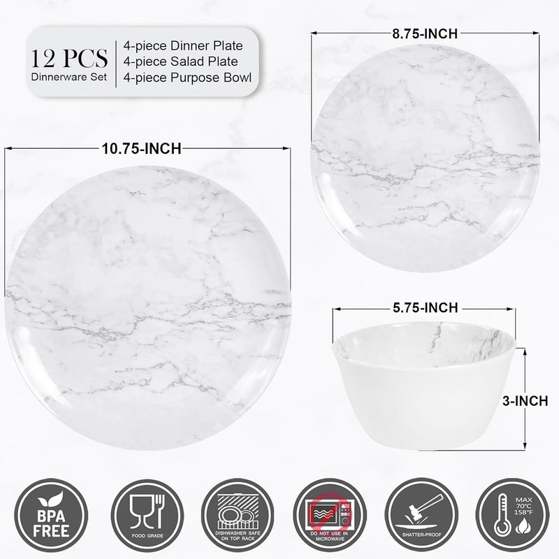 Gofunfun 12Piece Melamine Dinnerware Sets Modern White Round Dish Set for 4  Serving Plates and Bowls Sets for Snack Dessert Salad Soup Pasta  White Marble Pattern - Image 2
