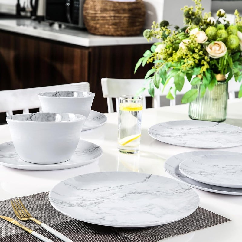 Gofunfun 12Piece Melamine Dinnerware Sets Modern White Round Dish Set for 4  Serving Plates and Bowls Sets for Snack Dessert Salad Soup Pasta  White Marble Pattern - Image 4