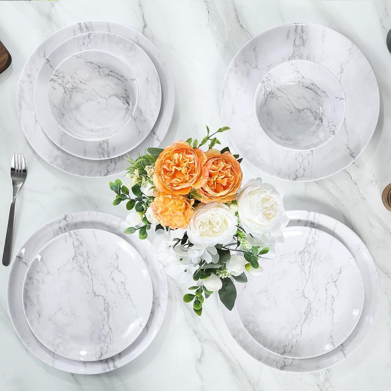 Gofunfun 12Piece Melamine Dinnerware Sets Modern White Round Dish Set for 4  Serving Plates and Bowls Sets for Snack Dessert Salad Soup Pasta  White Marble Pattern - Image 5