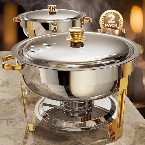 ZILODE Chafing Dishes for Buffet 2 Pack, 6QT [Worry-Free Assemble] Round Chafing Dish Buffet Set [Elegant Gold and Silver Colors] Stainless Steel Chafers and Buffet Warmers Sets for Parties with Complete Set - Image 1
