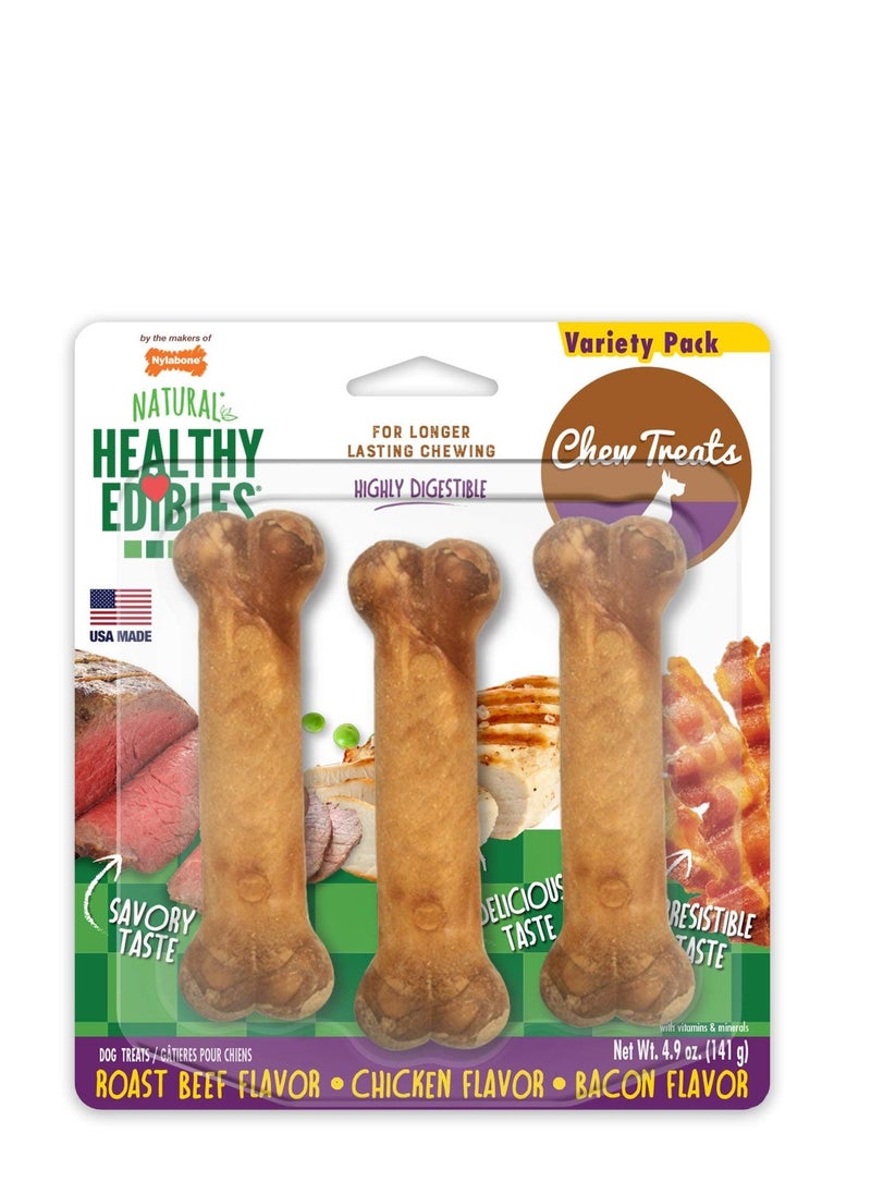 Nylabone Nylabone Healthy Edibles Longer Lasting Roast Beef-Chicken-Bacon Variety 3Ct Card Regular Edible Tre 