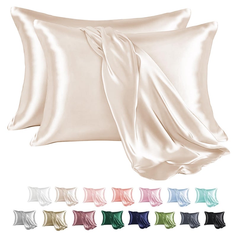 MRHM Satin Pillowcase for Hair and Skin Silk Satin Pillowcase 2 Pack Queen Size Pillow Cases Set of 2 Silky Pillow Cover with Envelope Closure 20x30 Beige