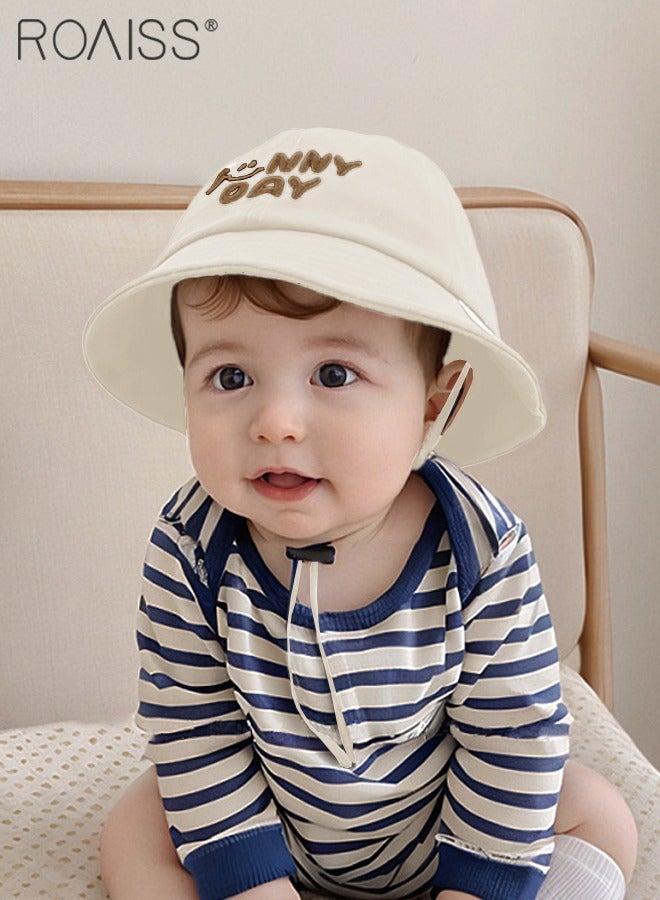 roaiss Children's Milky Bucket Hat, Embroidered Sun Protection Hat with Windproof Belt, Wide Brim Sun Protection Bucket Hat, Suitable for Outdoor Sports Summer Beach Party  - Image 2