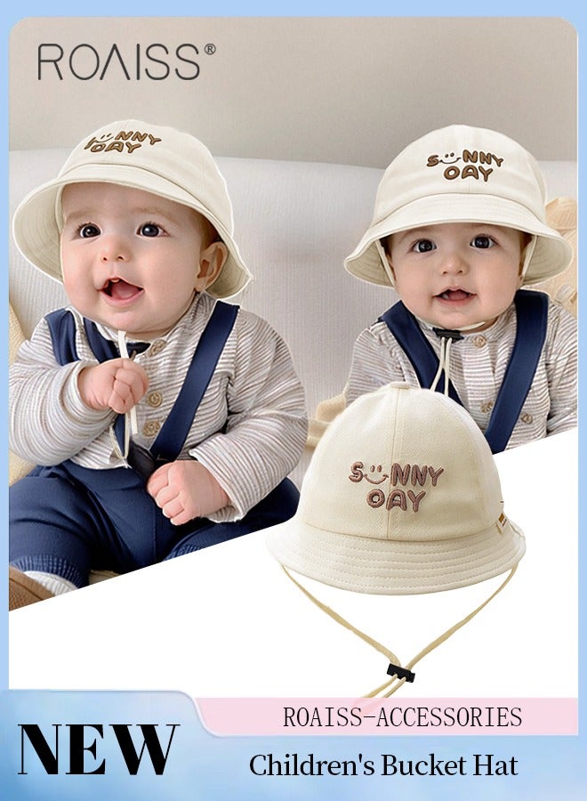 roaiss Children's Milky Bucket Hat, Embroidered Sun Protection Hat with Windproof Belt, Wide Brim Sun Protection Bucket Hat, Suitable for Outdoor Sports Summer Beach Party  - Image 1