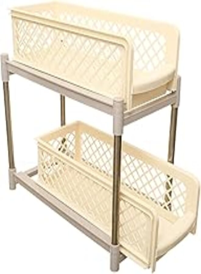 El Hassan El Hassan 2 Tier Sliding Basket Drawers Portable Organize Kitchen and Bathroom Cabinets - Off White Beige 
