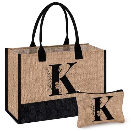 AYGE Personalized Initial Jute Tote Bag & Makeup Bag, Beach Bag, Monogrammed Gifts for Women, Birthday Gifts for Her Friend Sister Mom Teacher Bridesmaid (K) - Image 1