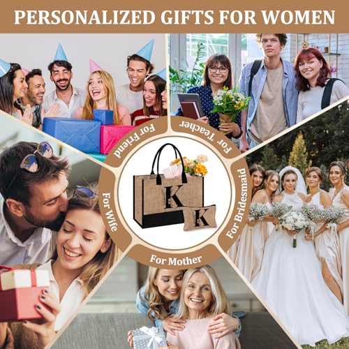 AYGE Personalized Initial Jute Tote Bag & Makeup Bag, Beach Bag, Monogrammed Gifts for Women, Birthday Gifts for Her Friend Sister Mom Teacher Bridesmaid (K) - Image 2