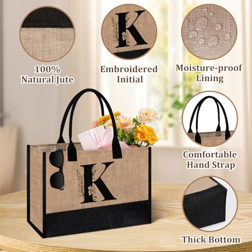AYGE Personalized Initial Jute Tote Bag & Makeup Bag, Beach Bag, Monogrammed Gifts for Women, Birthday Gifts for Her Friend Sister Mom Teacher Bridesmaid (K) - Image 3