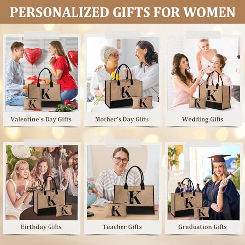 AYGE Personalized Initial Jute Tote Bag & Makeup Bag, Beach Bag, Monogrammed Gifts for Women, Birthday Gifts for Her Friend Sister Mom Teacher Bridesmaid (K) - Image 4