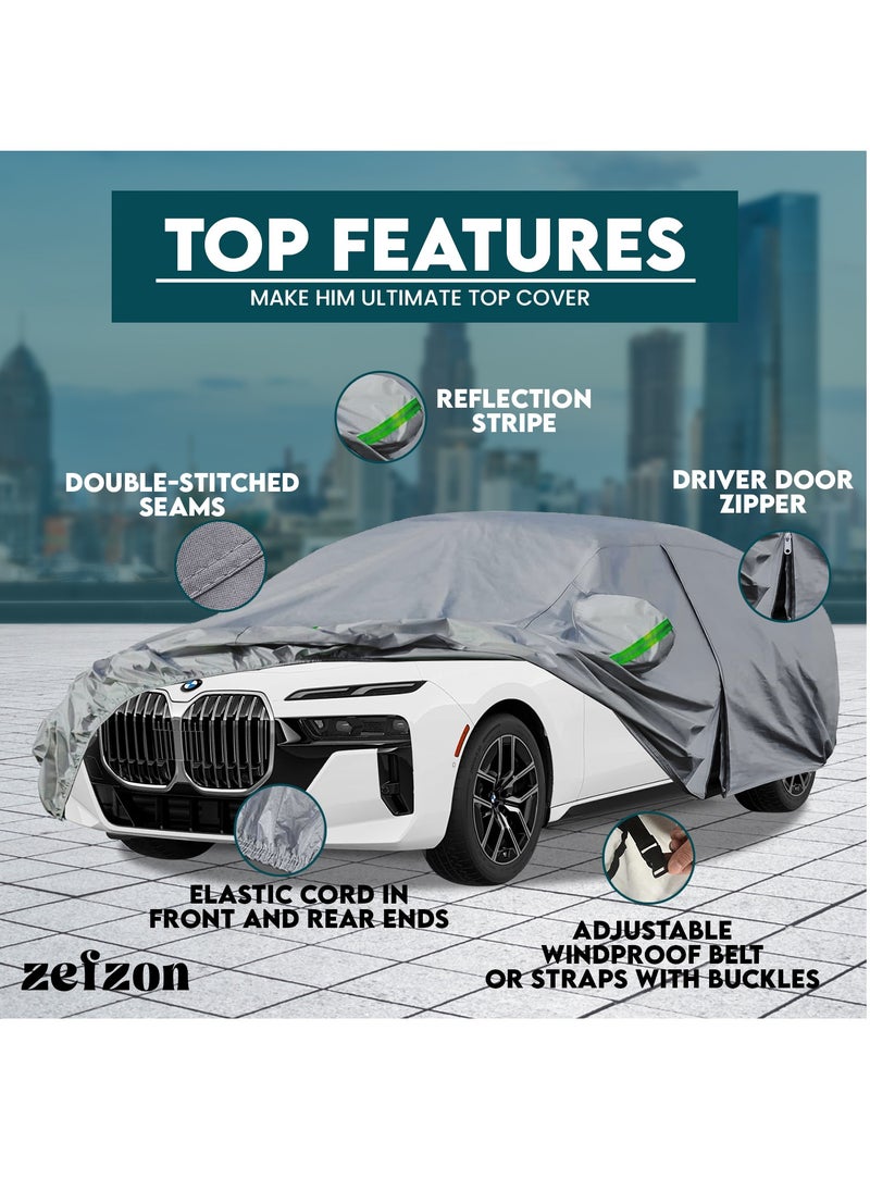 زفزون غطاء سيارة خارجي للسيدان مع واقيات شمس، بحجم XXL (220 إنش × 80 إنش × 48 إنش)، يوفر حماية من الشمس والأشعة فوق البنفسجية، متعدد الطبقات لجميع الأحوال الجوية، مقاوم للماء والرياح والغبار، ويعمل كحماية من البَرَد. يتميز بجيوب للمرايا وسحاب جانبي للباب، ومناسب لجميع السيارات.  - Image 2