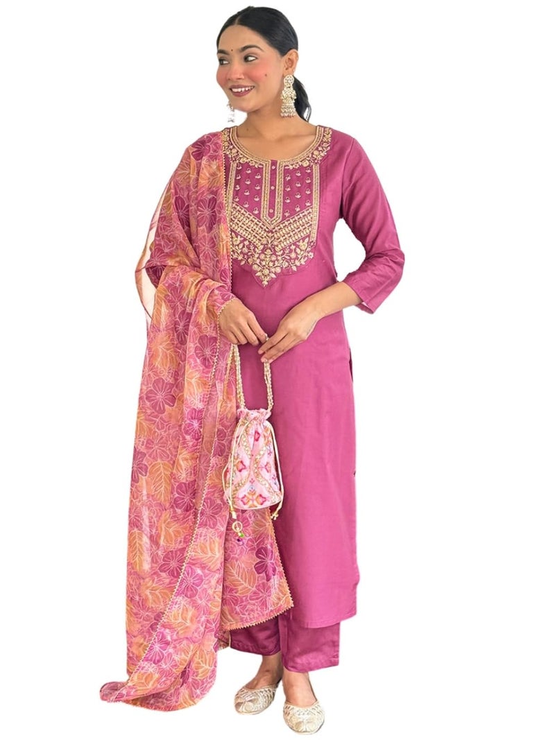 Naixa Women's Rayon Embroidered Straight Kurta with Pant and Dupatta Sets (NX2-717-Pink-XL) - Image 1