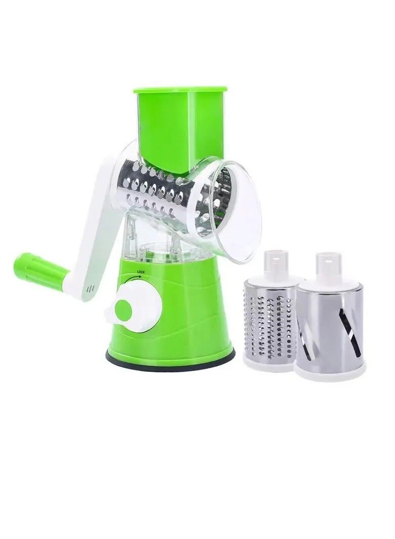 AROAQ Vegetable Slicer, Multifunctional Roller Vegetable Cutter, Strong Suction Three Blade Manual Rotary Vegetable Slicer, Easy To Clean Cheese Grater With Handle For Fruit, Vegetables, Nuts, (Green)  - Image 1