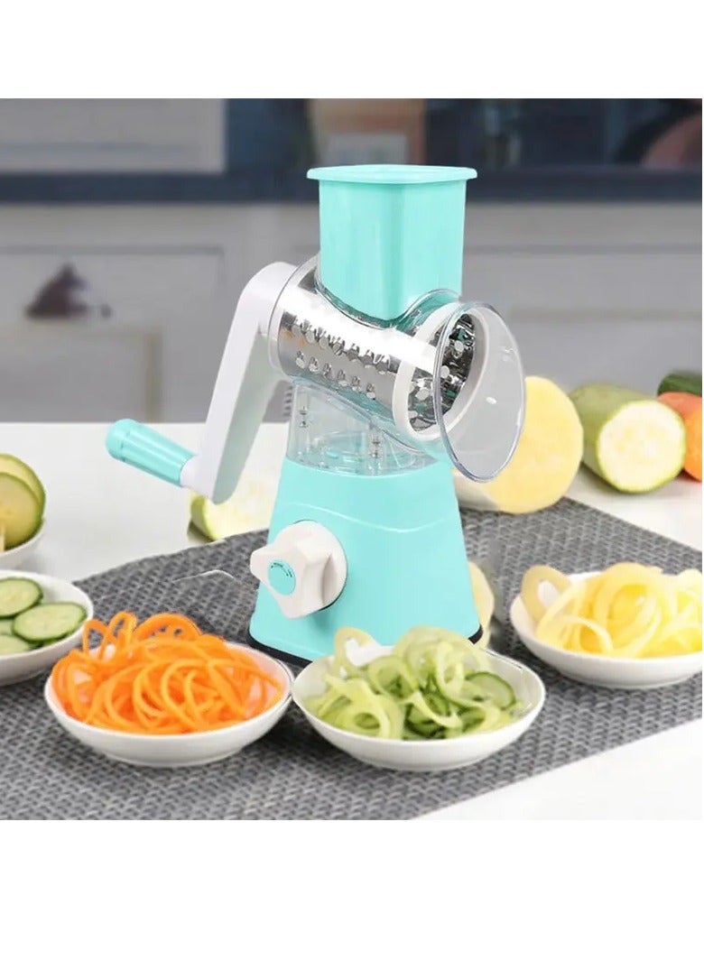 AROAQ Vegetable Slicer, Multifunctional Roller Vegetable Cutter, Strong Suction Three Blade Manual Rotary Vegetable Slicer, Easy To Clean Cheese Grater With Handle For Fruit, Vegetables, Nuts, (Green)  - Image 2
