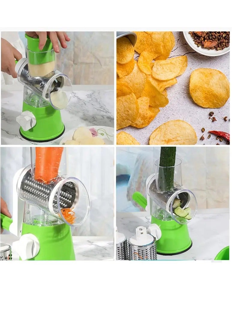 AROAQ Vegetable Slicer, Multifunctional Roller Vegetable Cutter, Strong Suction Three Blade Manual Rotary Vegetable Slicer, Easy To Clean Cheese Grater With Handle For Fruit, Vegetables, Nuts, (Green)  - Image 4