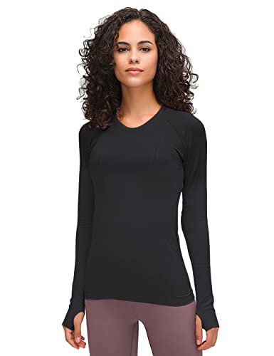 LUYAA Long Sleeves Workout Shirts for Women Yoga Seamless Gym Athletic Tops Slim Fit with Thumb Holes Black - Image 3