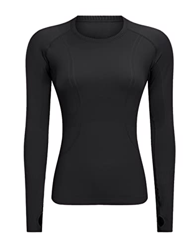 LUYAA Long Sleeves Workout Shirts for Women Yoga Seamless Gym Athletic Tops Slim Fit with Thumb Holes Black - Image 2