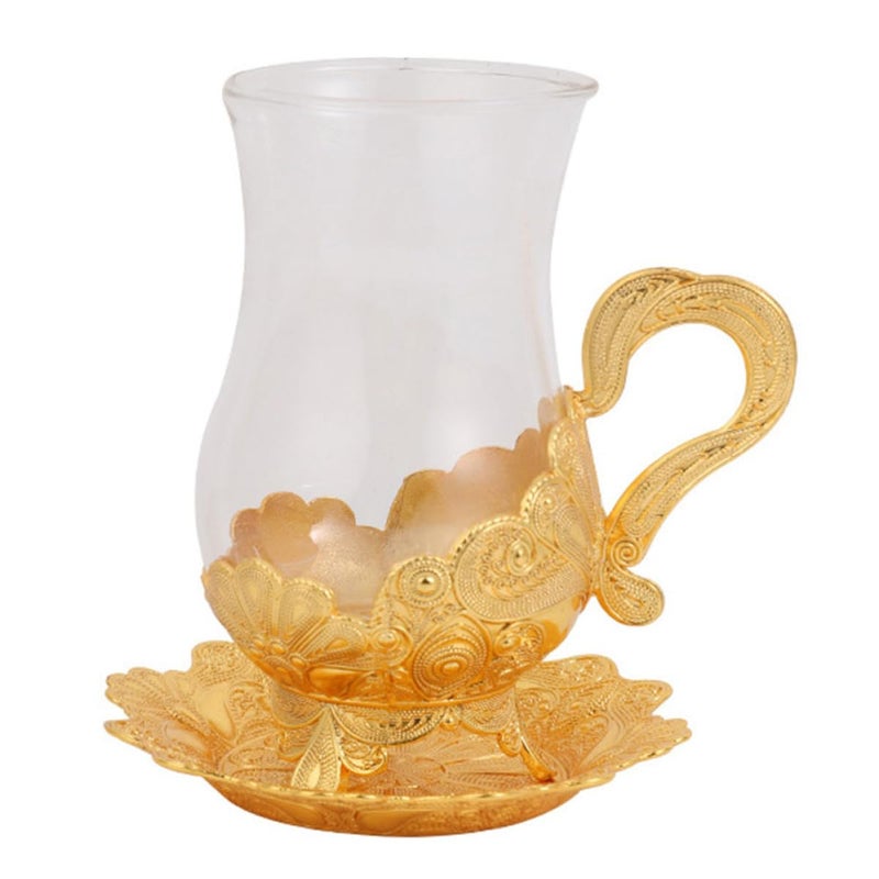 Zinc Alloy Frame Glass Coffee Mug Set With Saucer Retro Drinkware For Home Office - Image 2
