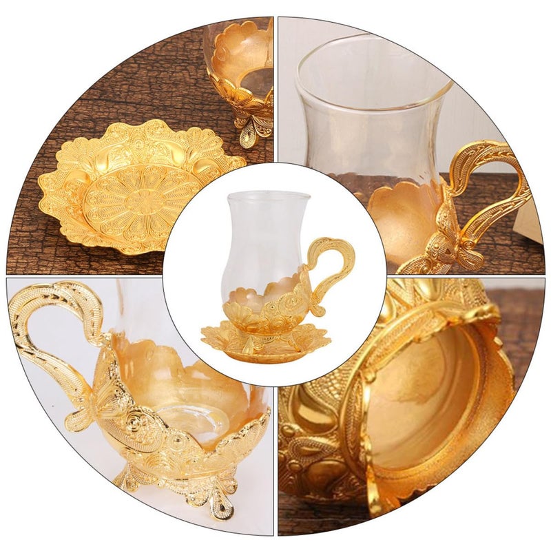 Zinc Alloy Frame Glass Coffee Mug Set With Saucer Retro Drinkware For Home Office - Image 4
