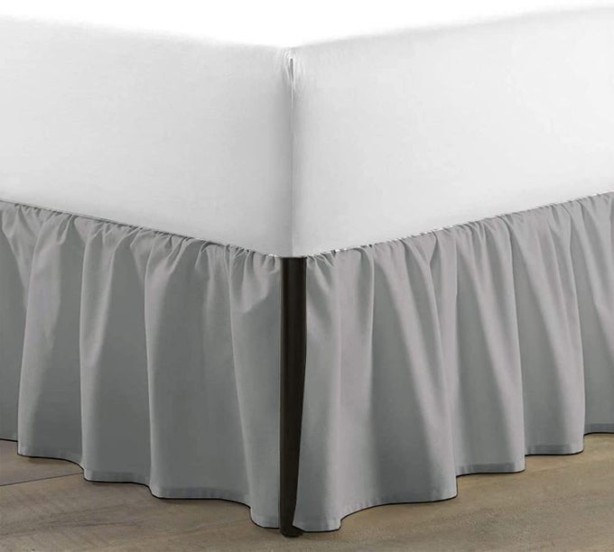 KING SIZE RUFFLED BED SKIRT WITH SPLIT CORNERS 21 INCH DROP DUST RUFFLE BED SKIRT WITH PLATFORM THREE SIDED COVERAGE 100 MICROFIBER LIGHT GREY