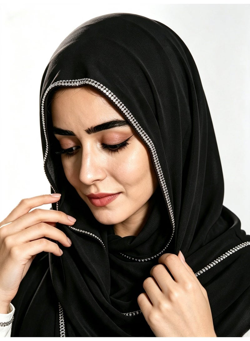 وشاح شيفون طويل للنساء مزين بحافة على شكل سلسلة ومرصع بالماس اللامع - Image 3