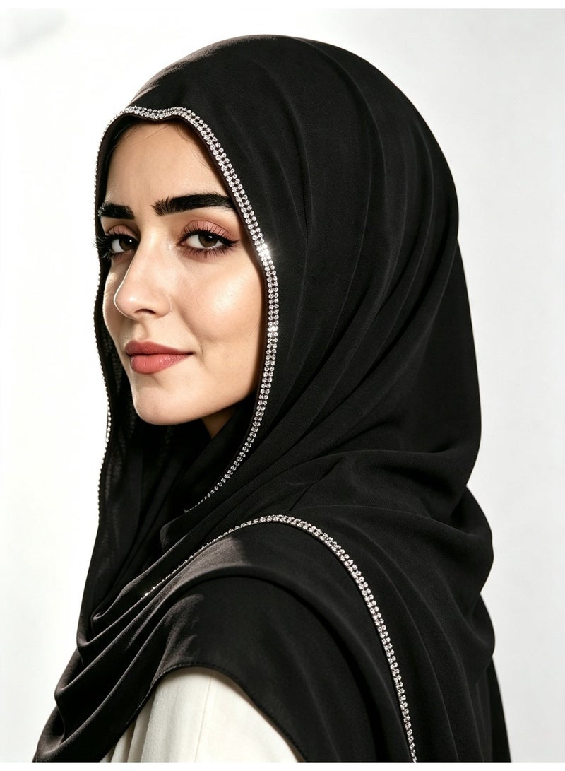 وشاح شيفون طويل للنساء مزين بحافة على شكل سلسلة ومرصع بالماس اللامع - Image 2
