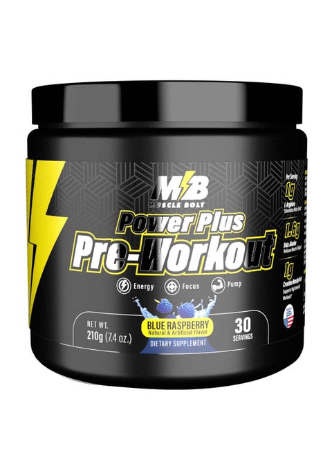 Power Plus Pre-Workout Supplement Powder With L- Arginine, Beta Alanine And Creatine Monohydrate - Blue Raspberry 210g