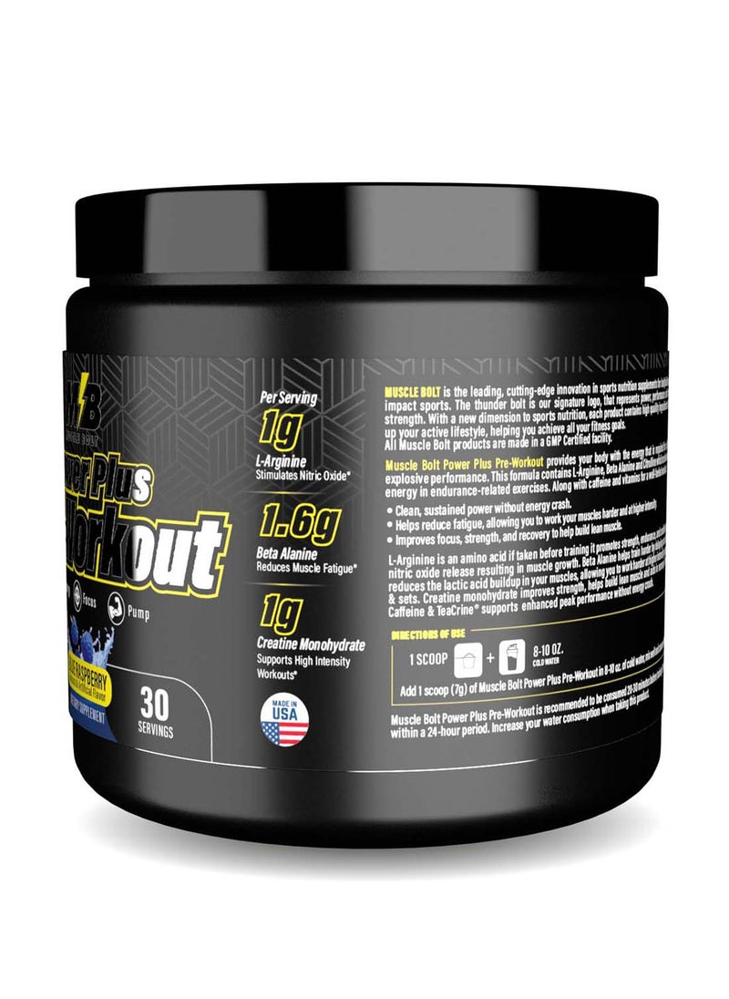 Muscle Bolt - Power Plus Pre-Workout Supplement Powder With L- Arginine, Beta Alanine And Creatine Monohydrate - Blue Raspberry 210g - Image 1