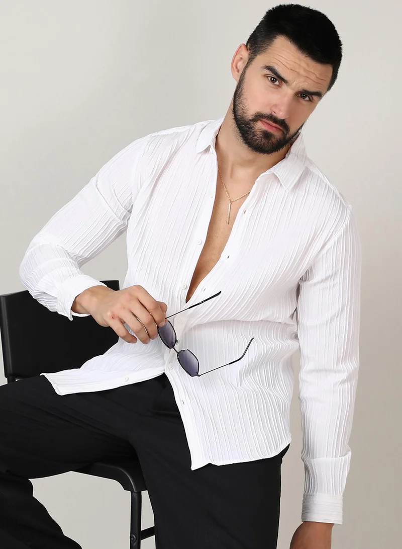 كامبوس سوترا Men's Chalk White Self-Design Striped Shirt For Casual Wear | Spread Collar | Long Sleeve | Button Closure | Shirt Crafted With Comfort Fit For Everyday Wear