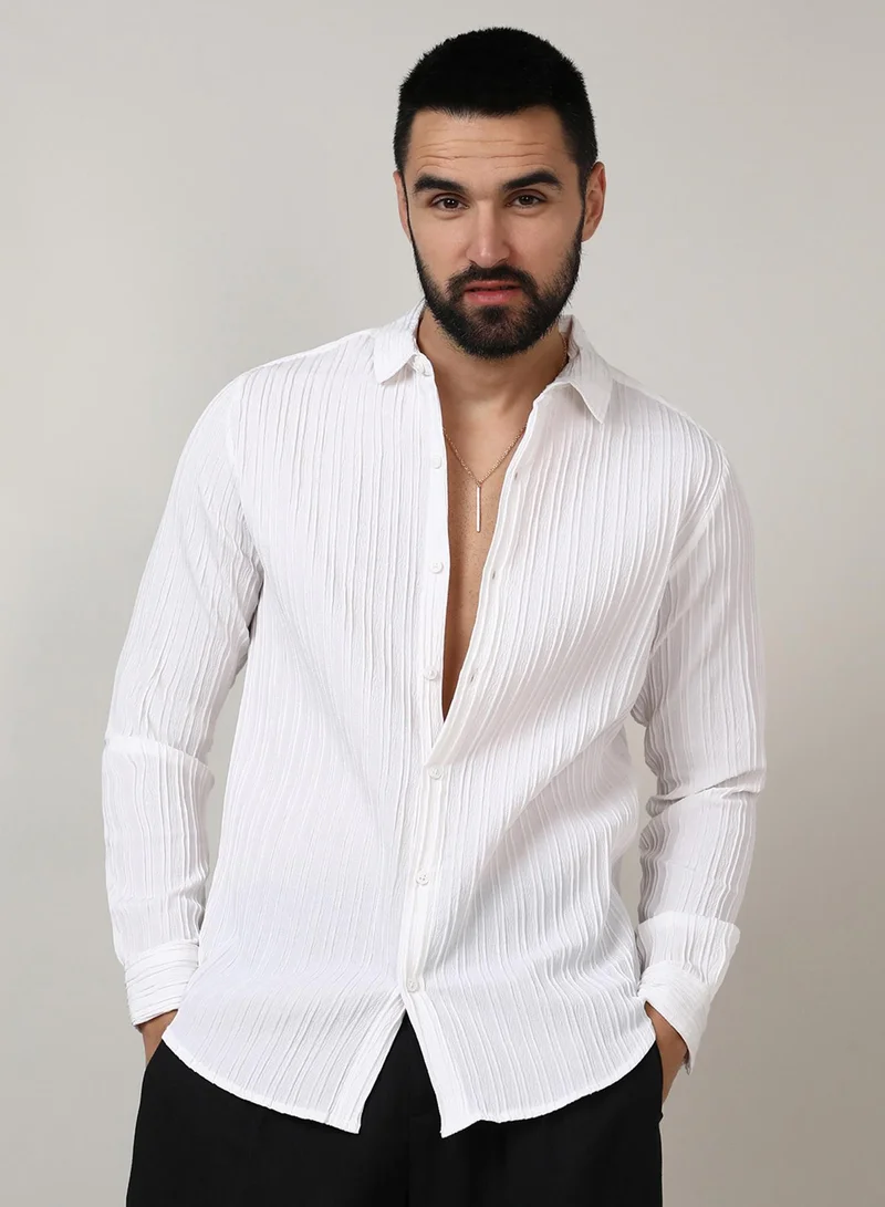 كامبوس سوترا Men's Chalk White Self-Design Striped Shirt For Casual Wear | Spread Collar | Long Sleeve | Button Closure | Shirt Crafted With Comfort Fit For Everyday Wear