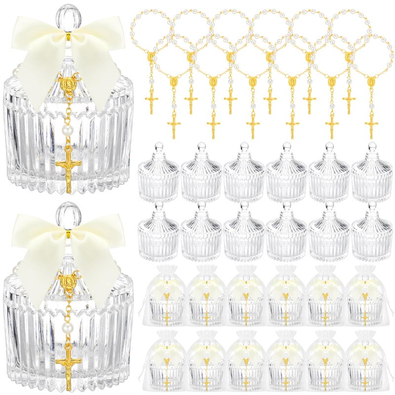 Chuangdi 12 Sets 48 Pcs Baptism Favors for Guests Crystal Candy Bowl Gifts with 12 Pcs Cross Rosary for Baptism Decorations Wedding Baby Shower Supplies First Communion Party(White) - Image 1