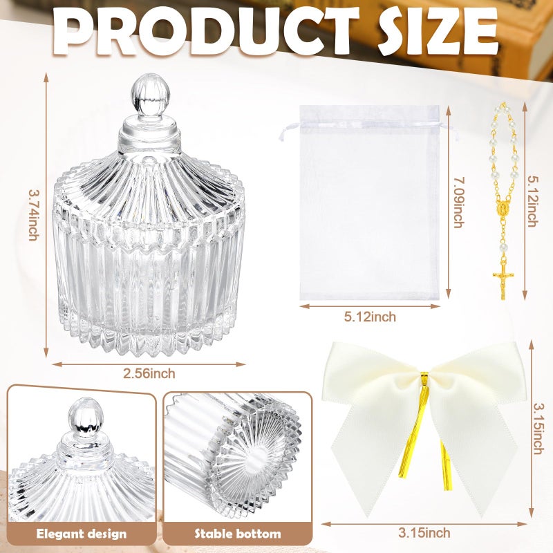 Chuangdi 12 Sets 48 Pcs Baptism Favors for Guests Crystal Candy Bowl Gifts with 12 Pcs Cross Rosary for Baptism Decorations Wedding Baby Shower Supplies First Communion Party(White) - Image 2