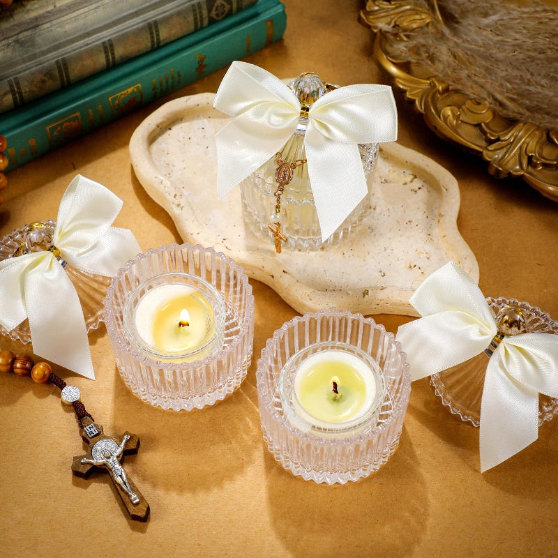 Chuangdi 12 Sets 48 Pcs Baptism Favors for Guests Crystal Candy Bowl Gifts with 12 Pcs Cross Rosary for Baptism Decorations Wedding Baby Shower Supplies First Communion Party(White) - Image 5