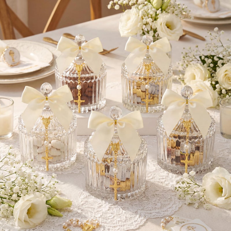 Chuangdi 12 Sets 48 Pcs Baptism Favors for Guests Crystal Candy Bowl Gifts with 12 Pcs Cross Rosary for Baptism Decorations Wedding Baby Shower Supplies First Communion Party(White) - Image 3