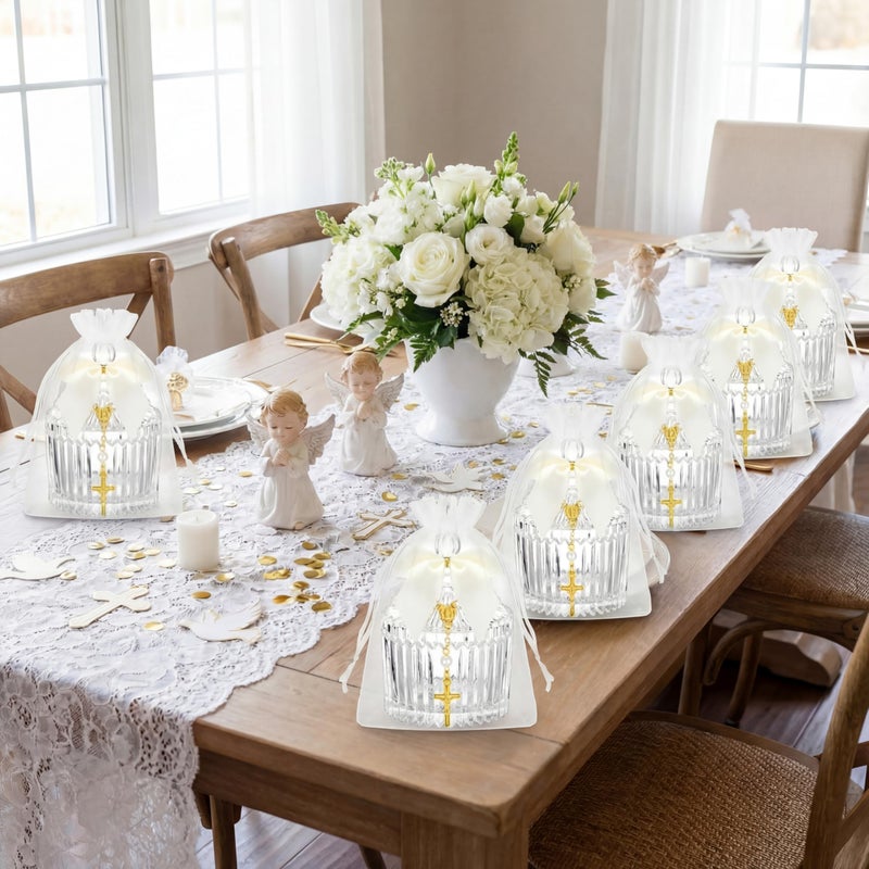 Chuangdi 12 Sets 48 Pcs Baptism Favors for Guests Crystal Candy Bowl Gifts with 12 Pcs Cross Rosary for Baptism Decorations Wedding Baby Shower Supplies First Communion Party(White) - Image 4