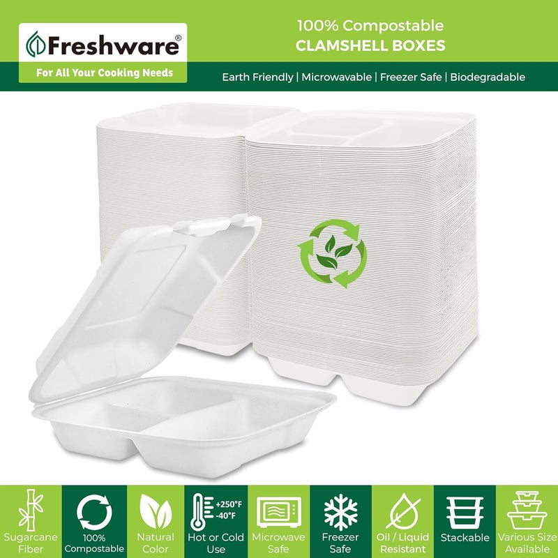 Freshware Clamshell Containers 8 x 8 Inch 3Compartment 200Pack White - Image 2