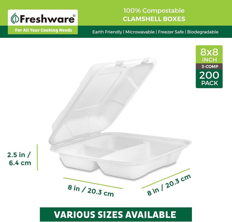 Freshware Clamshell Containers 8 x 8 Inch 3Compartment 200Pack White - Image 3