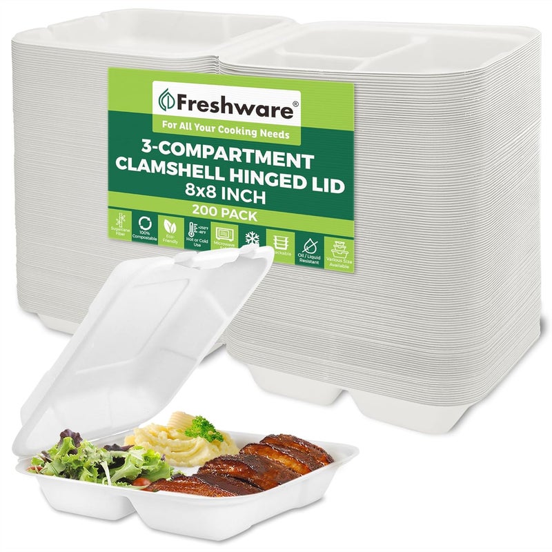 Freshware Clamshell Containers 8 x 8 Inch 3Compartment 200Pack White - Image 1