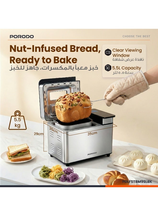 porodo KHABAZ Stainless Steel Automated Bread Maker With Timer & Delay Setting, 25 Preset Programs, Touch Display, Memory Function, Viewing Window, 600W Power - Image 4