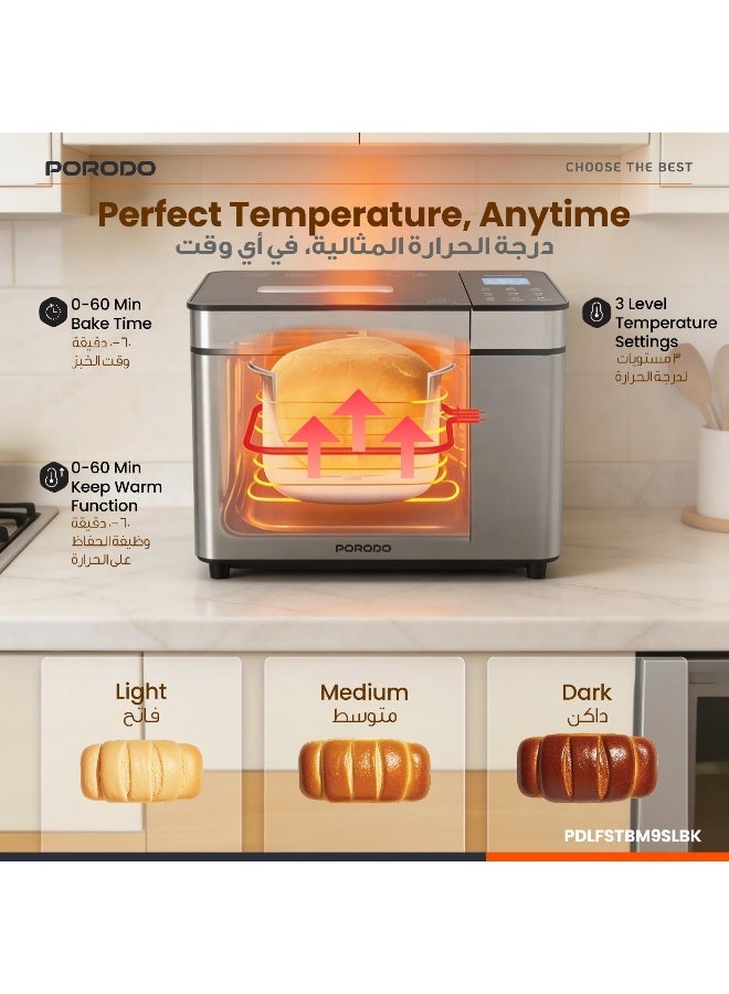 porodo KHABAZ Stainless Steel Automated Bread Maker With Timer & Delay Setting, 25 Preset Programs, Touch Display, Memory Function, Viewing Window, 600W Power - Image 3