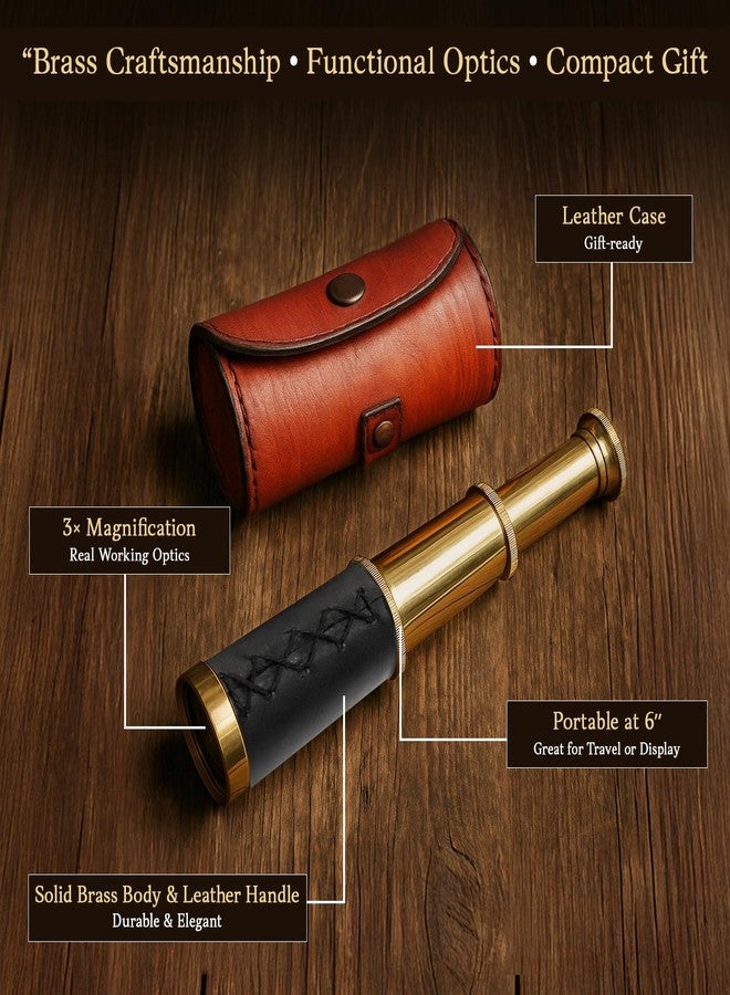 NauticalMart Brass Spyglass Telescope with Leather Case - 6 Inch Handheld Pirate Navigation Telescope for Young and Adults, Perfect Nautical Collectible and Gift for Adventure Seekers - Image 3