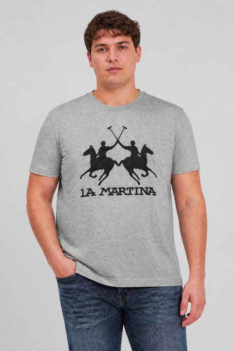 La Martina Men Crew Neck Short Sleeve Brand Logo T-Shirt, Light Grey - Image 1