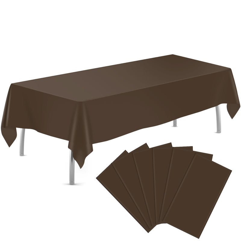 tujol Brown 6 Pack Plastic Table Cloth 54" x 108", Disposable Tablecloths Rectangle Table Cover, Plastic Tablecloths for Parties - Image 1