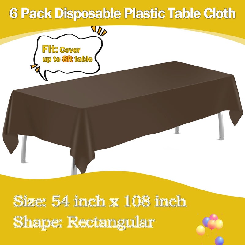 tujol Brown 6 Pack Plastic Table Cloth 54" x 108", Disposable Tablecloths Rectangle Table Cover, Plastic Tablecloths for Parties - Image 2
