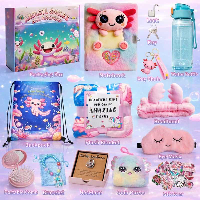 Kipwake Axolotl Gift Set for Girls - Cute Axolotl-Themed Toy Box with Fluffy Diary, Stickers,Pen, Crocheted Stuffed Animal, Pink Purse, Necklace, Keychain, and More Axolotl Stuff - Birthday Gifts for Kids - Image 2