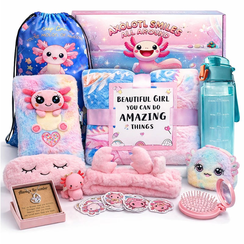 Kipwake Axolotl Gift Set for Girls - Cute Axolotl-Themed Toy Box with Fluffy Diary, Stickers,Pen, Crocheted Stuffed Animal, Pink Purse, Necklace, Keychain, and More Axolotl Stuff - Birthday Gifts for Kids - Image 1